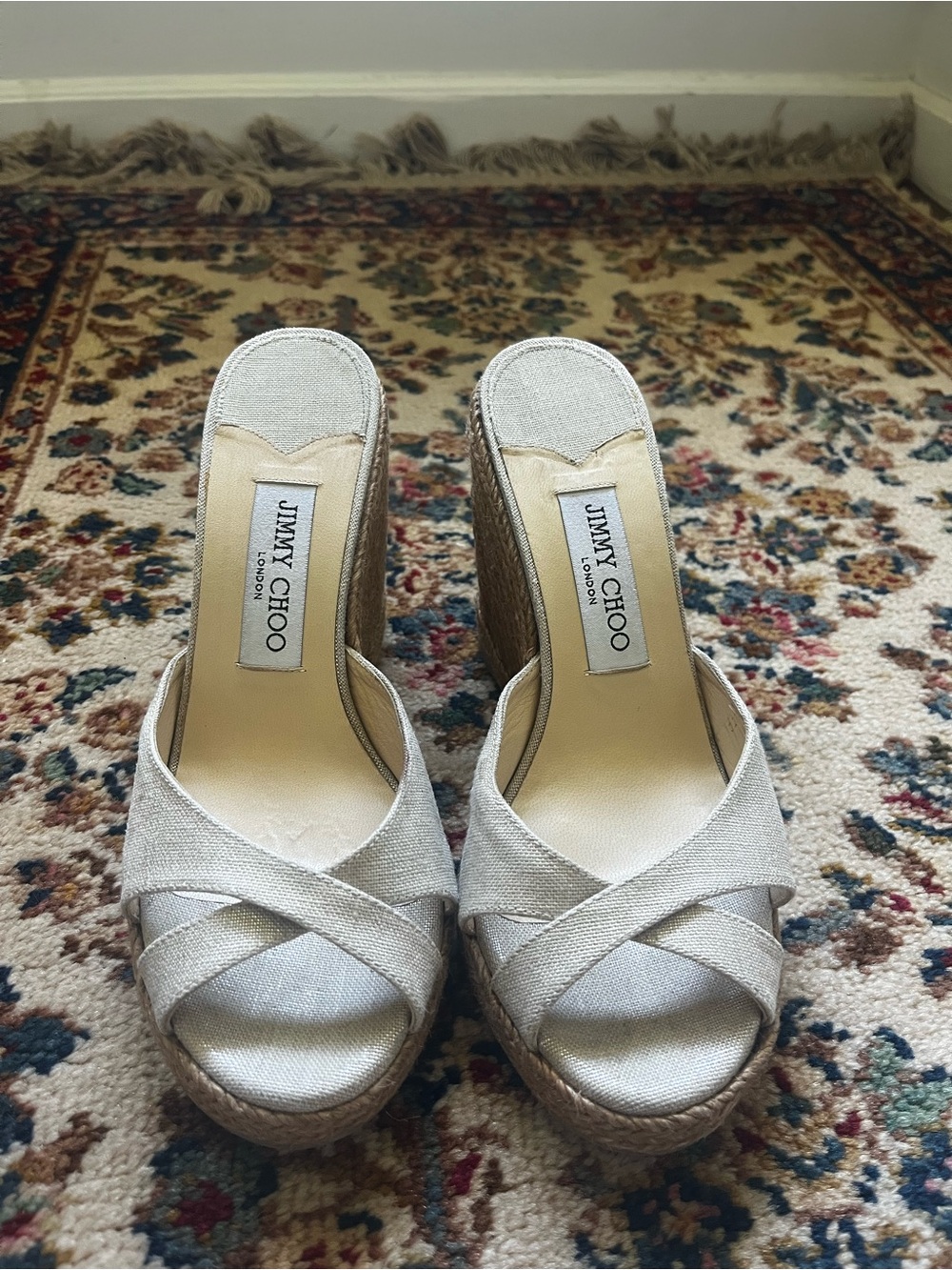 Jimmy Choo Silver Linen Espadrille Wedges